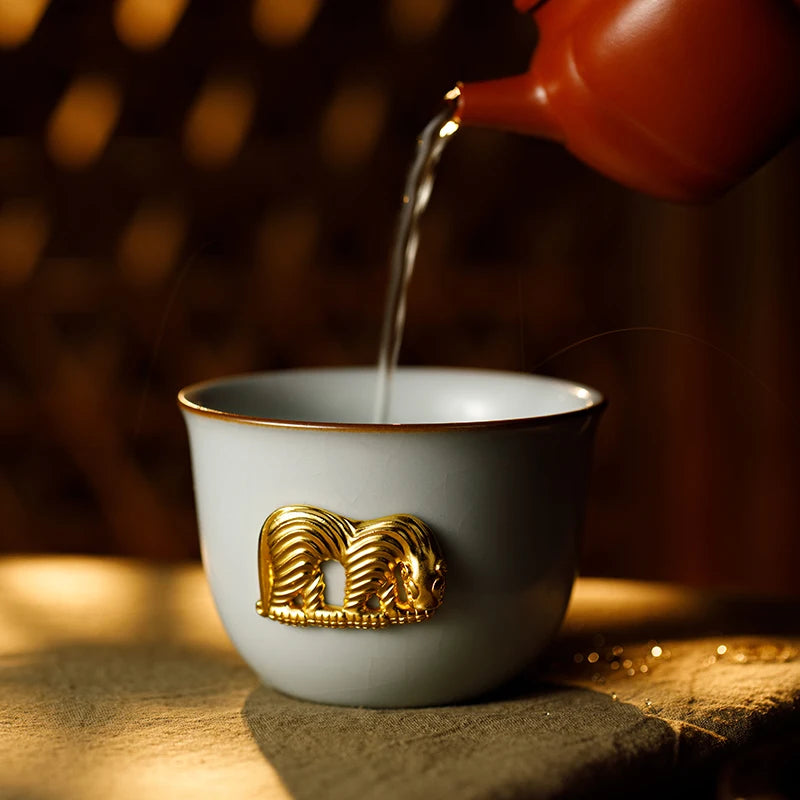 Guanfu Museum Porcelain Golden Tiger Spring Cup Golden Tiger Jirui Jingdezhen Tea Handmade 999 Sterling Silver Large Open Piece