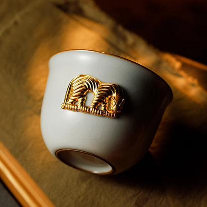 Guanfu Museum Porcelain Golden Tiger Spring Cup Golden Tiger Jirui Jingdezhen Tea Handmade 999 Sterling Silver Large Open Piece