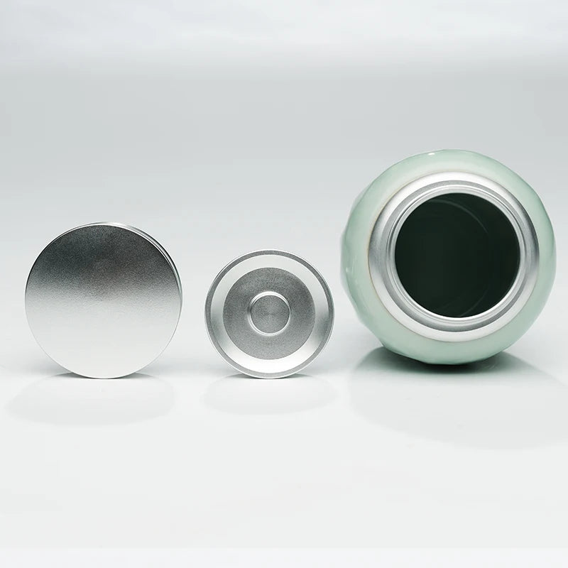 Guanfu Museum Powder Celadon Glaze Lotus Leaf Small Tea Jar Longquan Celadon Double-Layer Sealing Knob Sealed Tea Storage Cerami