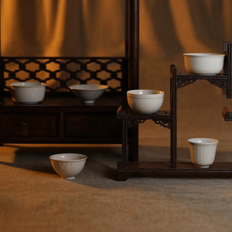 Guanfu Museum Recommended Ding Ware Series Master Cup White Porcelain Tea Cup Carved Flower Print Handmade Tea Cup Single Cup Ku