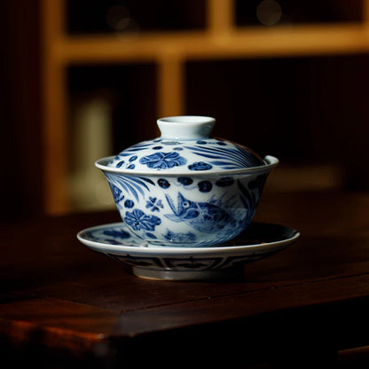 Guanfu Museum Recommended Guanfu Blue and White Flower Series Fish and Algae Pattern Gaiwan Household Jingdezhen Kung Fu Ceramic