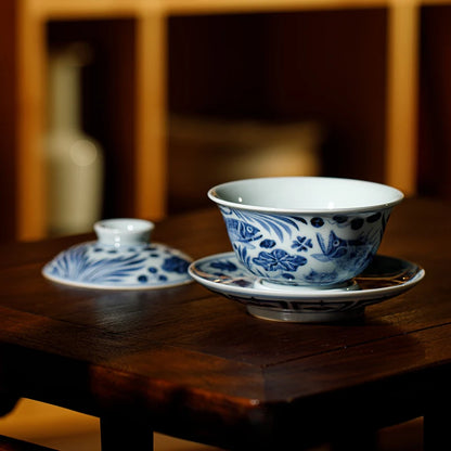 Guanfu Museum Recommended Guanfu Blue and White Flower Series Fish and Algae Pattern Gaiwan Household Jingdezhen Kung Fu Ceramic