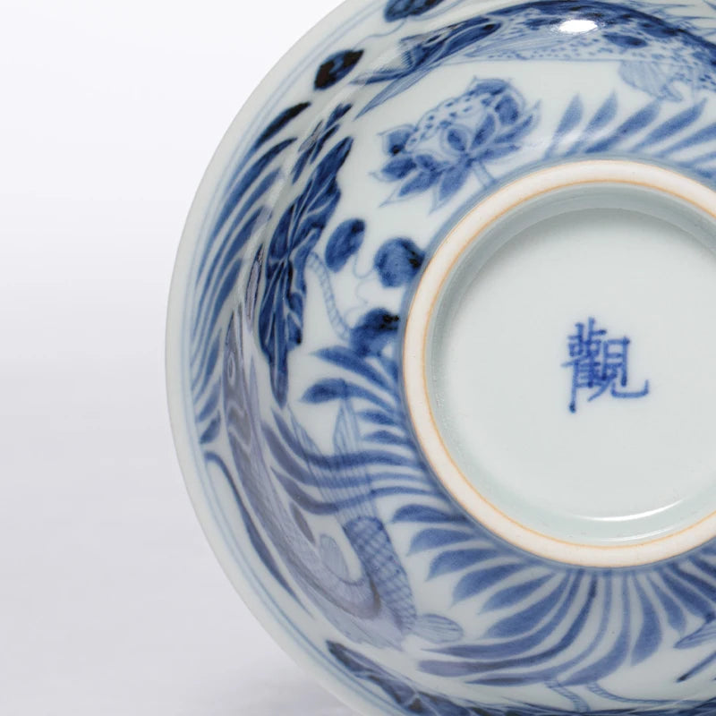 Guanfu Museum Recommended Guanfu Blue and White Flower Series Fish and Algae Pattern Gaiwan Household Jingdezhen Kung Fu Ceramic