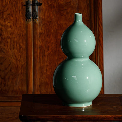 Guanfu Museum Recommended Guanfu Longquan Green Reward-Longquan Zi-Qing Mei Double-Gourd Vase Antique Celadon Handmade Handmade