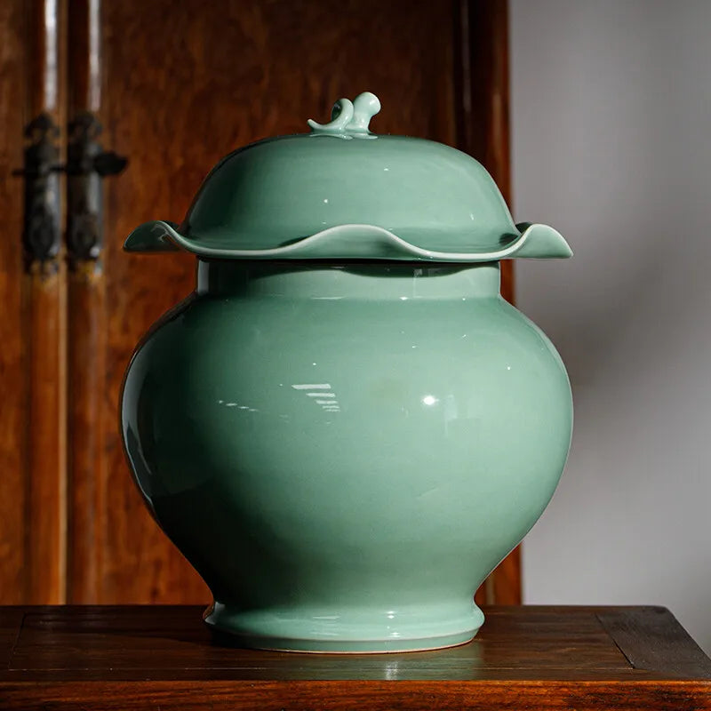 Guanfu Museum Recommended Guanfu Longquan Green Reward-Longquan Zi-Qing Mei Lotus Leaf Pot Antique Celadon Handmade Handmade Orn