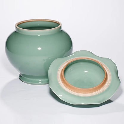 Guanfu Museum Recommended Guanfu Longquan Green Reward-Longquan Zi-Qing Mei Lotus Leaf Pot Antique Celadon Handmade Handmade Orn