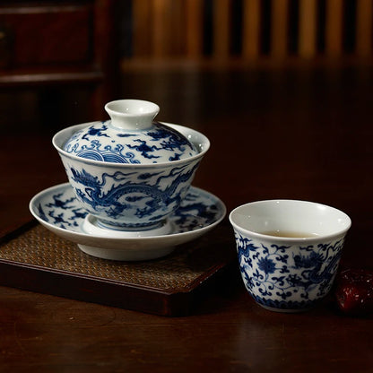 Guanfu Museum Recommended Imitation Mingcheng Blue and White Dragon Pattern Series Blue and White Gaiwan Traditional Handmade Pa