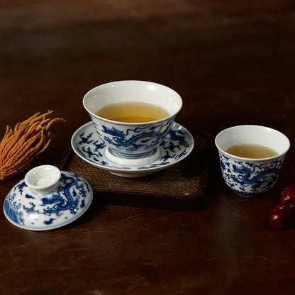Guanfu Museum Recommended Imitation Mingcheng Blue and White Dragon Pattern Series Blue and White Gaiwan Traditional Handmade Pa
