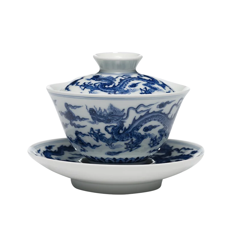 Guanfu Museum Recommended Imitation Mingcheng Blue and White Dragon Pattern Series Blue and White Gaiwan Traditional Handmade Pa