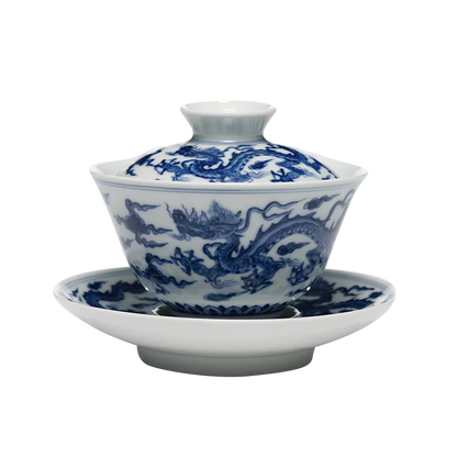 Guanfu Museum Recommended Imitation Mingcheng Blue and White Dragon Pattern Series Blue and White Gaiwan Traditional Handmade Pa