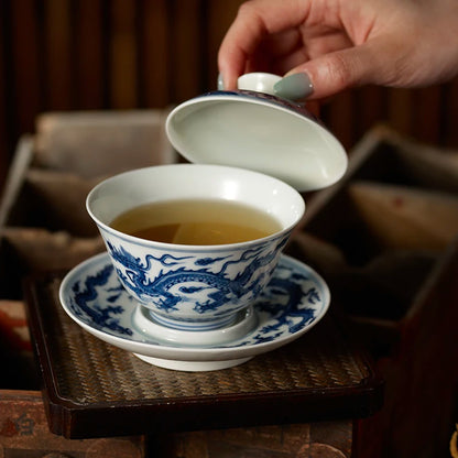 Guanfu Museum Recommended Imitation Mingcheng Blue and White Dragon Pattern Series Blue and White Gaiwan Traditional Handmade Pa