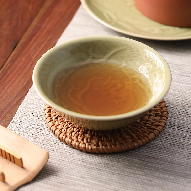 Guanfu Museum Recommended Secret Color Yue Kiln-Dragon Pattern Cup Celadon Kiln Yue Kiln Glaze Color Jingdezhen Tea Set Ceramic