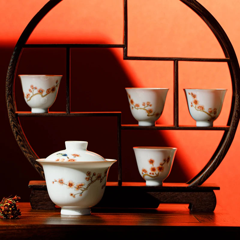 Guanfu Museum Recommended Xincai Xi Upper Brow Pattern Gaiwan Set Bowl Set Hand Painted Handmade Jingdezhen Tea Cup Kung Fu Tea