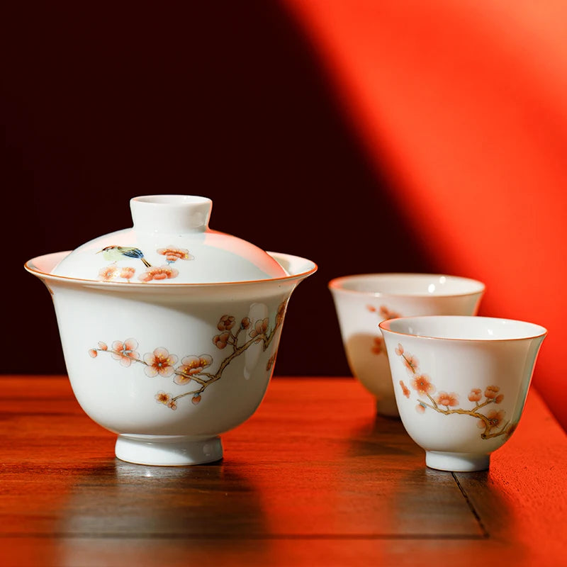 Guanfu Museum Recommended Xincai Xi Upper Brow Pattern Gaiwan Set Bowl Set Hand Painted Handmade Jingdezhen Tea Cup Kung Fu Tea