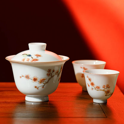 Guanfu Museum Recommended Xincai Xi Upper Brow Pattern Gaiwan Set Bowl Set Hand Painted Handmade Jingdezhen Tea Cup Kung Fu Tea