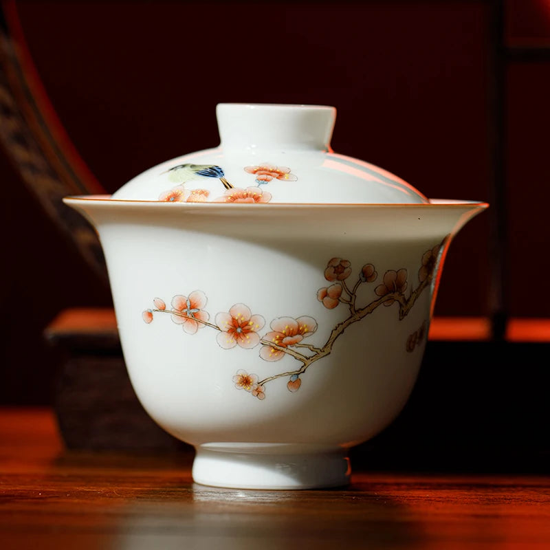 Guanfu Museum Recommended Xincai Xi Upper Brow Pattern Gaiwan Set Bowl Set Hand Painted Handmade Jingdezhen Tea Cup Kung Fu Tea