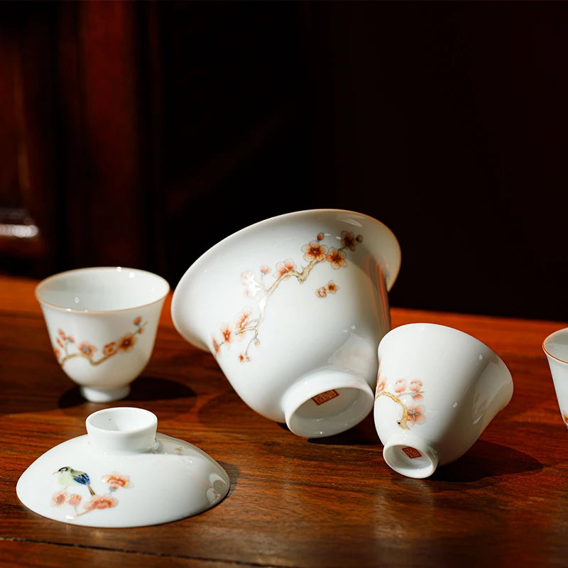 Guanfu Museum Recommended Xincai Xi Upper Brow Pattern Gaiwan Set Bowl Set Hand Painted Handmade Jingdezhen Tea Cup Kung Fu Tea