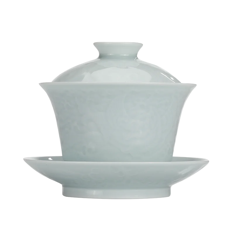 Guanfu Museum: Song Feng Hua Su Skin Jade Bone Misty Blue Series Tureen Tea Set Jingdezhen Bluish-White Glaze Porcelain Kombucha