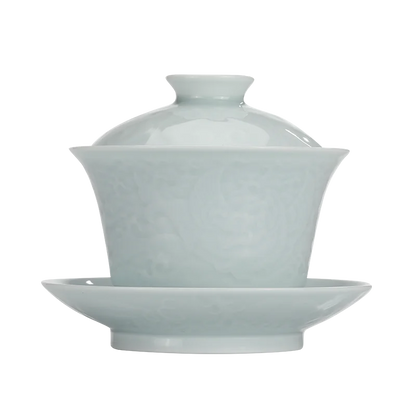 Guanfu Museum: Song Feng Hua Su Skin Jade Bone Misty Blue Series Tureen Tea Set Jingdezhen Bluish-White Glaze Porcelain Kombucha