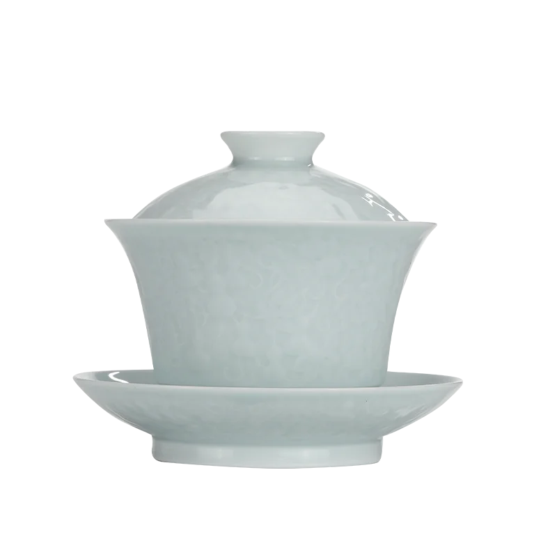 Guanfu Museum: Song Feng Hua Su Skin Jade Bone Misty Blue Series Tureen Tea Set Jingdezhen Bluish-White Glaze Porcelain Kombucha
