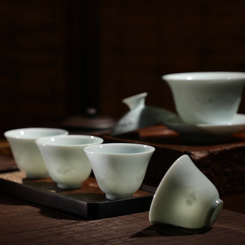 Guanfu Museum: Song Feng Hua Su Skin Jade Bone Misty Blue Series Tureen Tea Set Jingdezhen Bluish-White Glaze Porcelain Kombucha