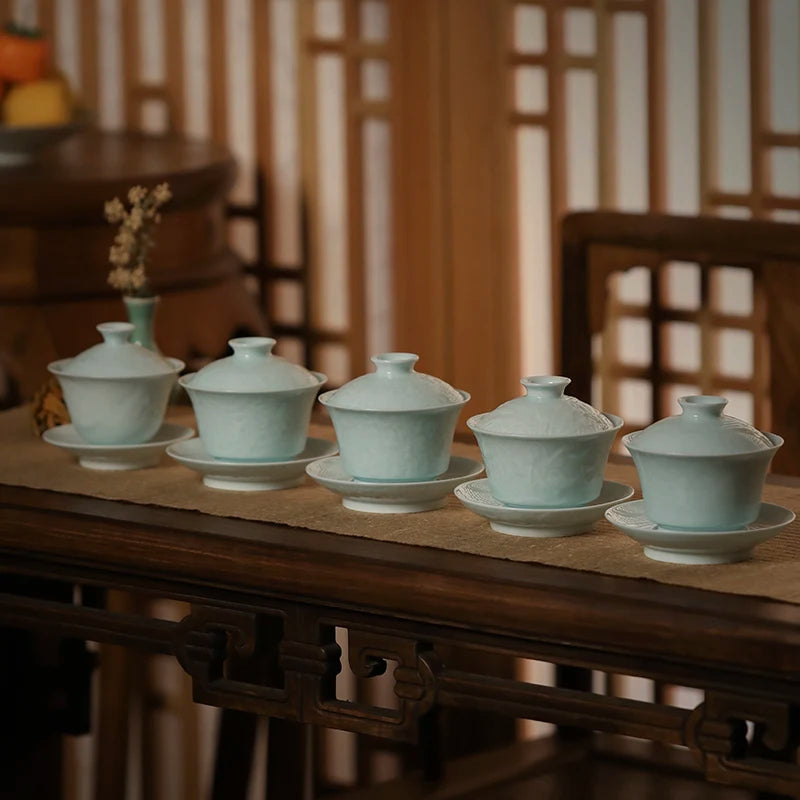 Guanfu Museum: Song Feng Hua Su Skin Jade Bone Misty Blue Series Tureen Tea Set Jingdezhen Bluish-White Glaze Porcelain Kombucha