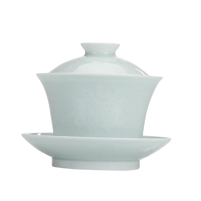 Guanfu Museum: Song Feng Hua Su Skin Jade Bone Misty Blue Series Tureen Tea Set Jingdezhen Bluish-White Glaze Porcelain Kombucha