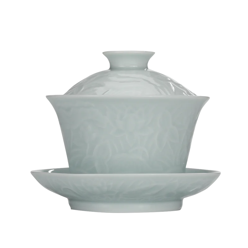 Guanfu Museum: Song Feng Hua Su Skin Jade Bone Misty Blue Series Tureen Tea Set Jingdezhen Bluish-White Glaze Porcelain Kombucha