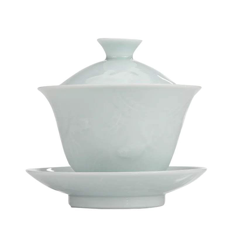 Guanfu Museum: Song Feng Hua Su Skin Jade Bone Misty Blue Series Tureen Tea Set Jingdezhen Bluish-White Glaze Porcelain Kombucha