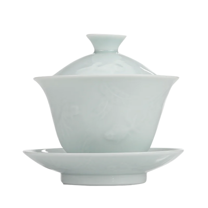 Guanfu Museum: Song Feng Hua Su Skin Jade Bone Misty Blue Series Tureen Tea Set Jingdezhen Bluish-White Glaze Porcelain Kombucha