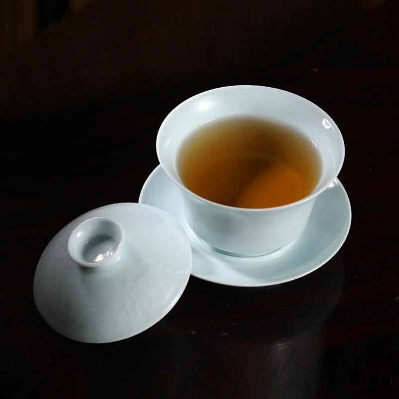 Guanfu Museum: Song Feng Hua Su Skin Jade Bone Misty Blue Series Tureen Tea Set Jingdezhen Bluish-White Glaze Porcelain Kombucha