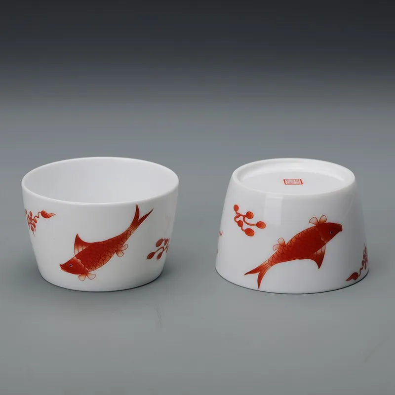 Guanfu Museum Surplus Year after Year Couple Cups Jingdezhen Tea Set White Porcelain Tea Savoring Cup Kung Fu Tea Cup Ceramic Te