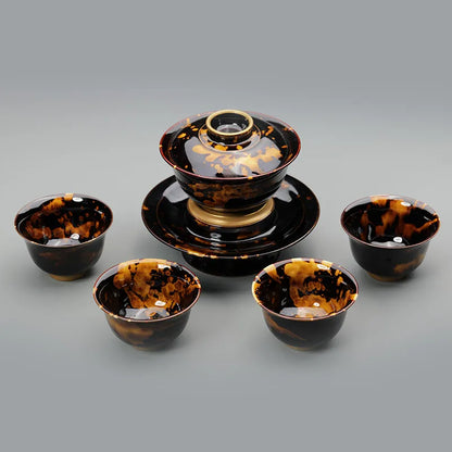 Guanfu Museum Temmoku Glaze Gold Painting Handmade Lidded Bowl Tea Set Set Jizhou Kiln Porcelain Kung Fu Tea Set Tea Cup Tea Cup