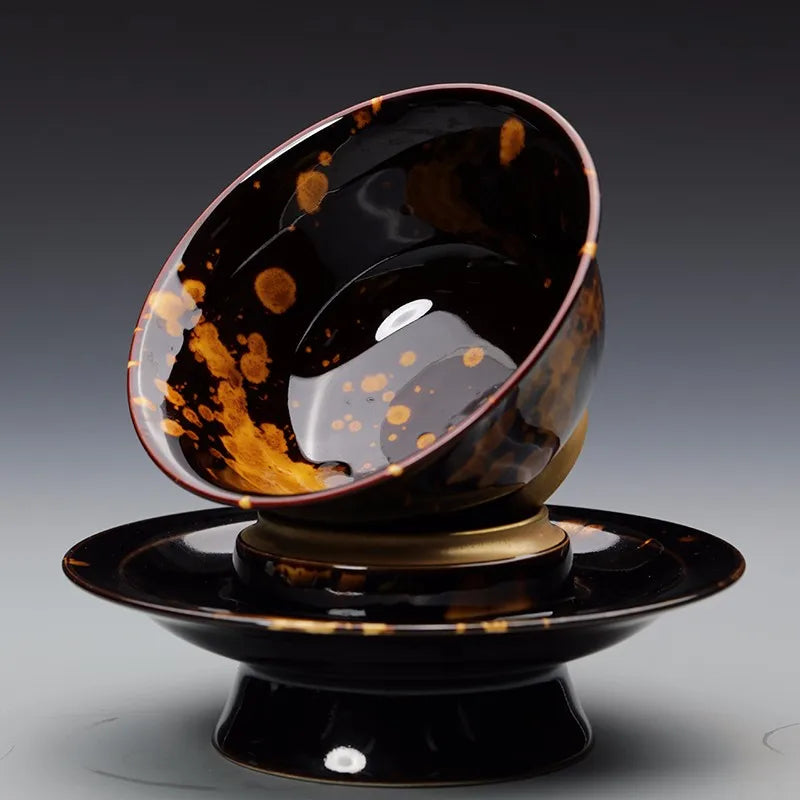 Guanfu Museum Temmoku Glaze Gold Painting Handmade Lidded Bowl Tea Set Set Jizhou Kiln Porcelain Kung Fu Tea Set Tea Cup Tea Cup