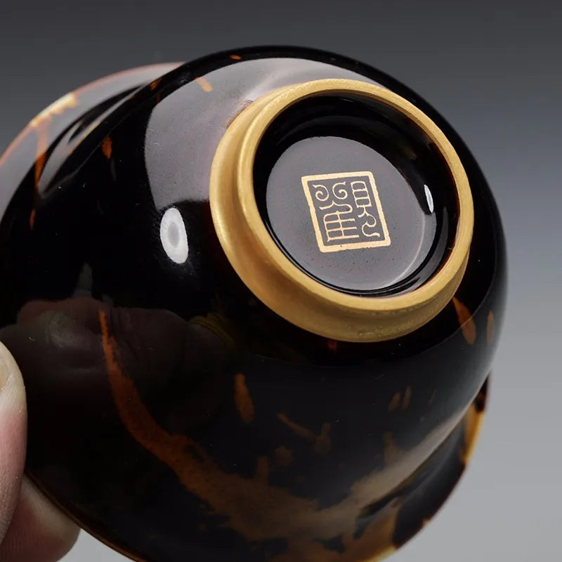 Guanfu Museum Temmoku Glaze Gold Painting Handmade Lidded Bowl Tea Set Set Jizhou Kiln Porcelain Kung Fu Tea Set Tea Cup Tea Cup