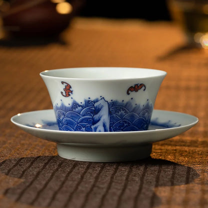Guanfu Museum Wufu Sihai Hand Painted Blue and White Master Cup Jingdezhen Blue and White Hand Drawn Kung Fu Tea Cup Porcelain M