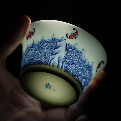 Guanfu Museum Wufu Sihai Hand Painted Blue and White Master Cup Jingdezhen Blue and White Hand Drawn Kung Fu Tea Cup Porcelain M