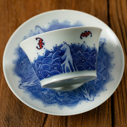 Guanfu Museum Wufu Sihai Hand Painted Blue and White Master Cup Jingdezhen Blue and White Hand Drawn Kung Fu Tea Cup Porcelain M