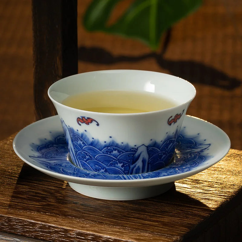 Guanfu Museum Wufu Sihai Hand Painted Blue and White Master Cup Jingdezhen Blue and White Hand Drawn Kung Fu Tea Cup Porcelain M