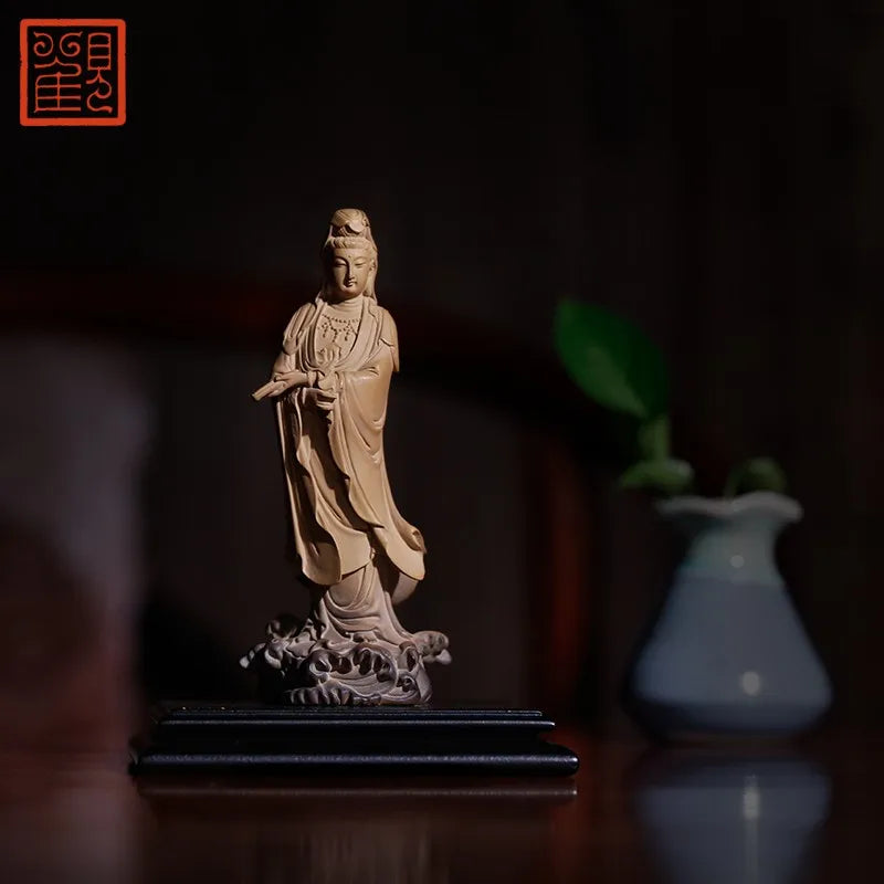 Guanfu Museum Xiaoli Holding Sutra Guanyin Taiwan Ironstone Stone Plastic Creative Home Crafts Chinese Study Antique Shelf Furni