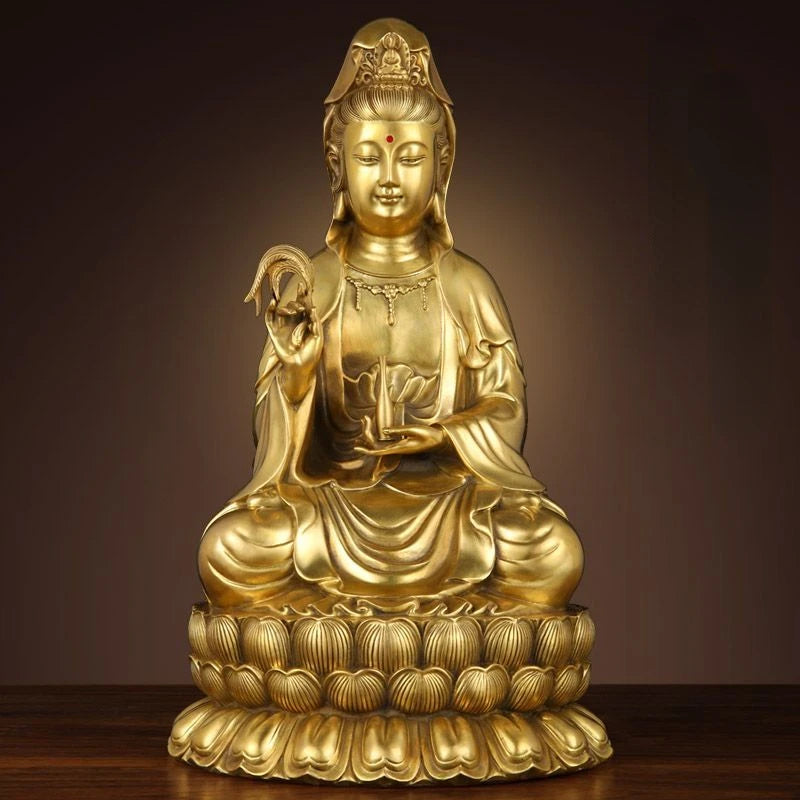 Guanyin Pure Copper Buddha Statue Home Living Room Ornaments Sea Sitting Lotus Bodhisattva Sculptures