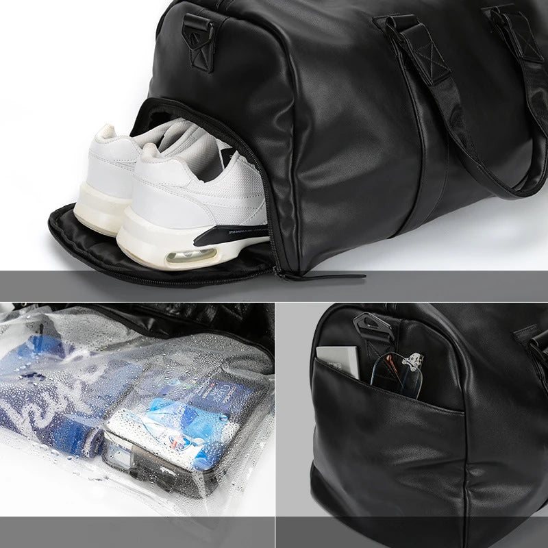 Gym Bag Men's Waterproof Handbag Large Capacity Leisure Crossbody Travel Tote PU Sports Training Bag Duffel Bag with Shoe Pouch
