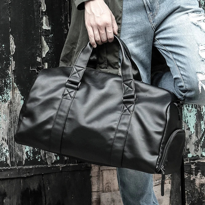 Gym Bag Men's Waterproof Handbag Large Capacity Leisure Crossbody Travel Tote PU Sports Training Bag Duffel Bag with Shoe Pouch