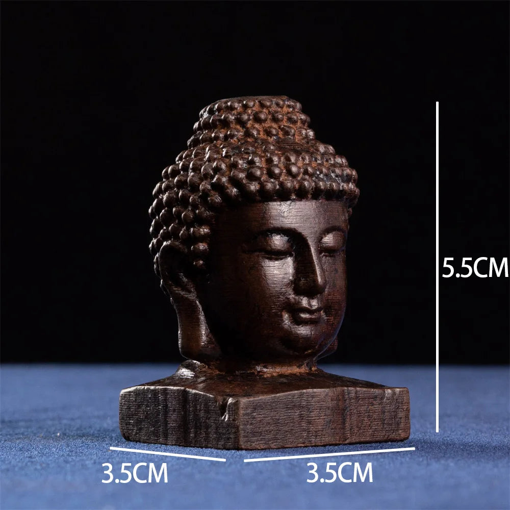 Miniature Wooden Figurine, Shakyamuni Buddha Head - Detailed Artistry, Compact Statue for Home, Spiritual Decor
