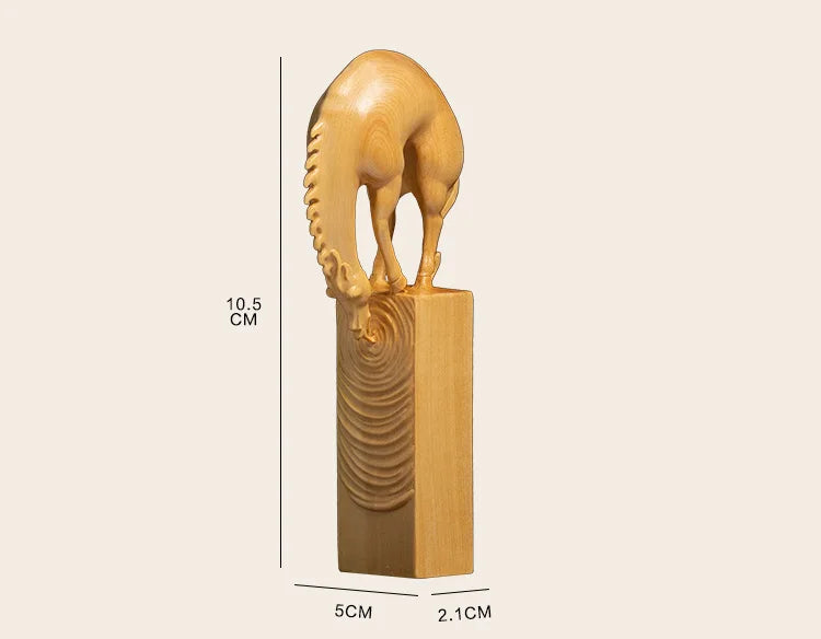 CCZHIDAO Horse Drinking River Chinese Boxwood Solid Wood Seal Animal Sculpture Carrying Lucky Zodiac Carving Home Decoration
