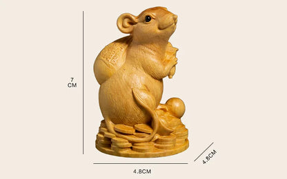 XS137-7 CM Hand Carved Boxwood Carving Figurine Animal Statue Home Decor -Rich Rat  Sculpture Folk Crafts