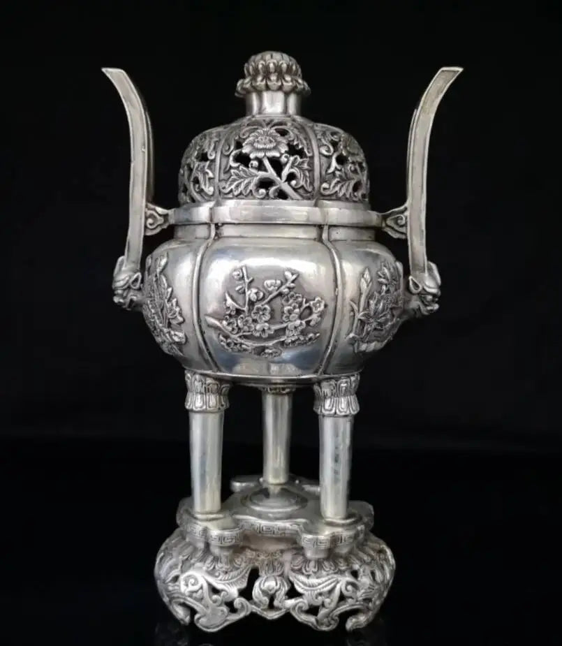 China White copper beast ear plum blossom Incense burner crafts statue