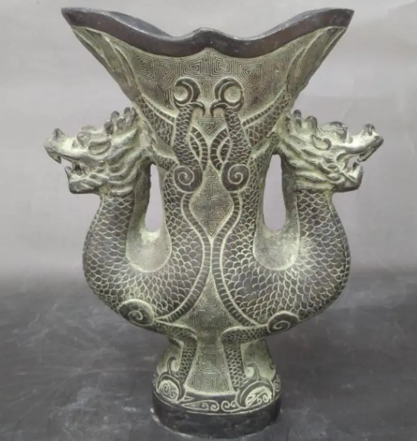China bronze double dragon wine cup crafts statue