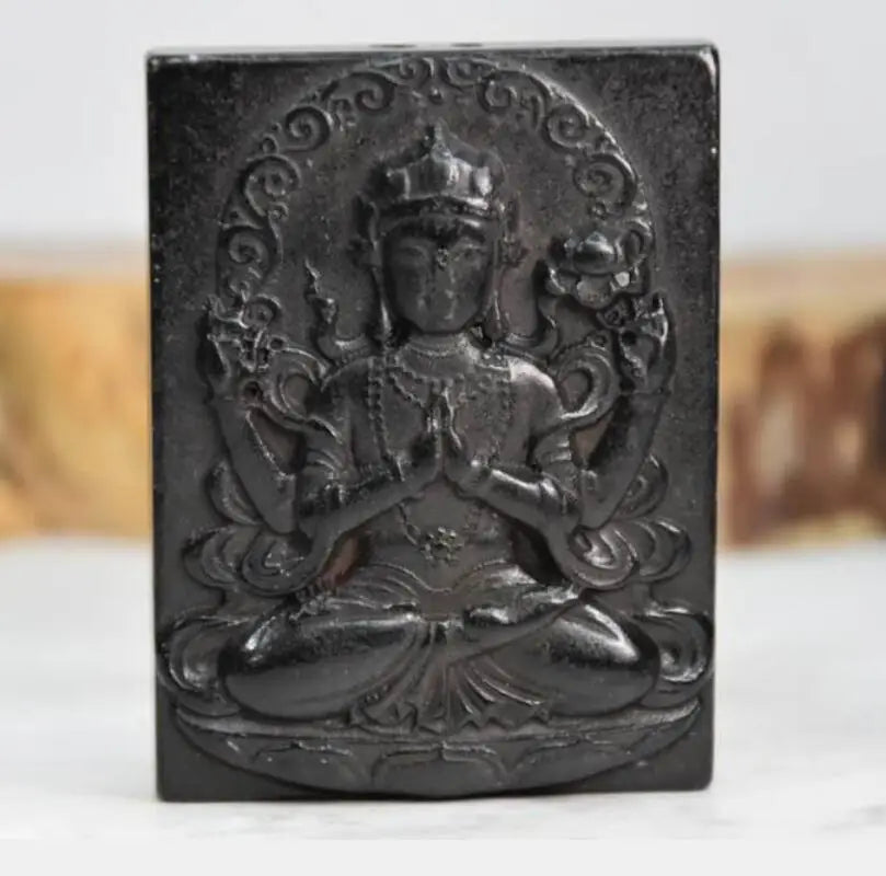 Hongshan culture archaize black iron meteorite sculpture Four arm Guanyin amulet pendant