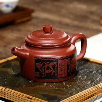 Dahongpao Carved And Painted Five Niu De Bell Pot Zisha Teapot Yixing Handmade Pot Kung-fu Teaware  Purple Clay Drinkware